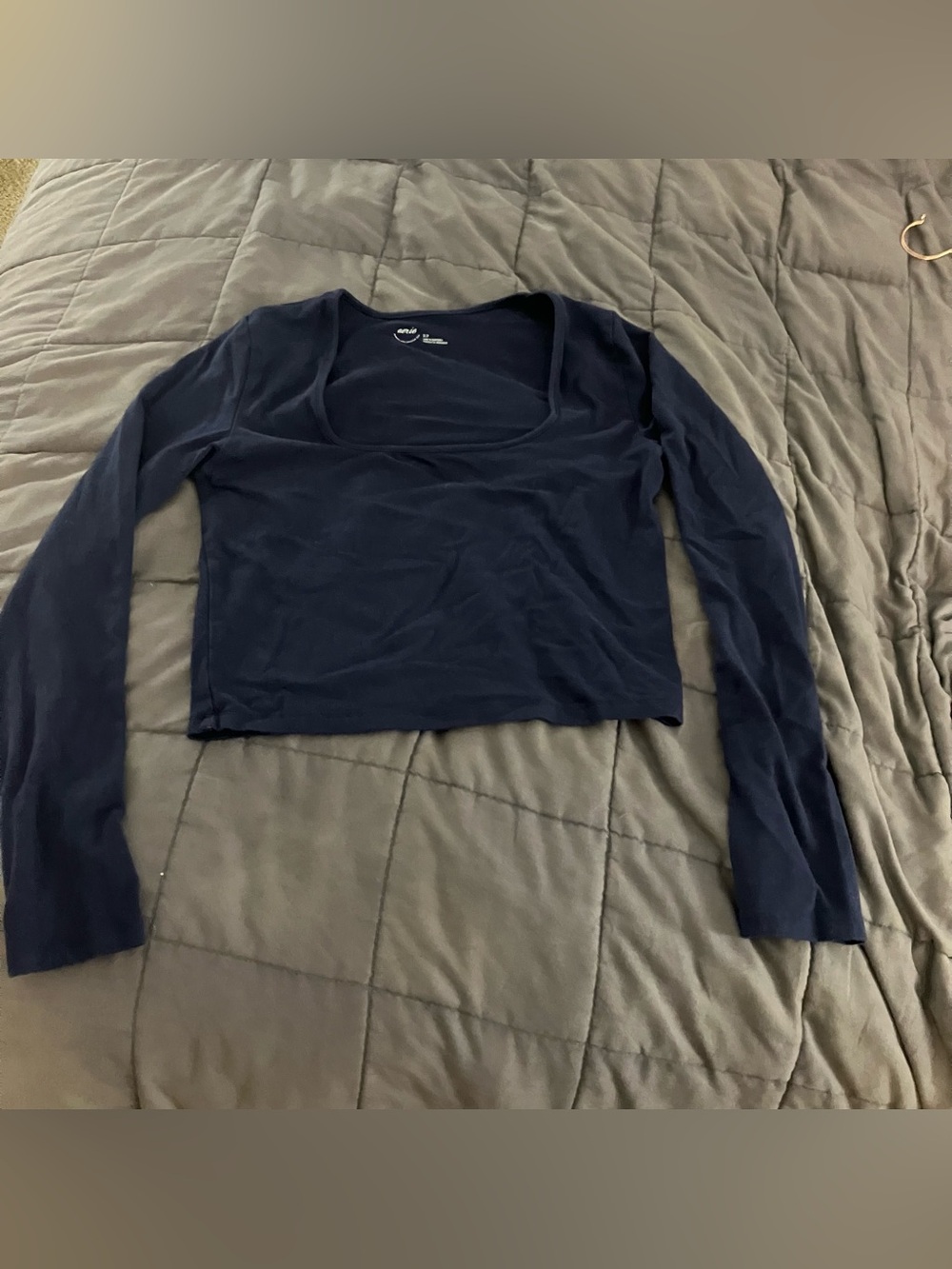 Aerie Navy Blue Square Neck Long Sleeve Crop Top Shirt Size Small S